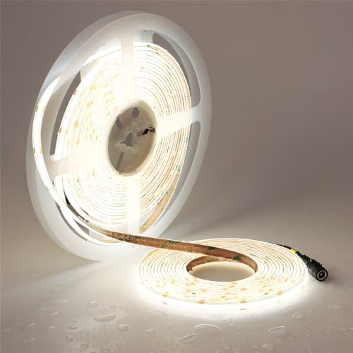 TOPAI COB LED Streifen 10M 5000K Wasserdicht, 24V LED Strip Tageslicht Weiss Außen, LED Band Selbstklebend, 384LEDs/M CRI>93 Sehr Hell 7000lm Flexible Schneidbar für Schrank Treppe DIY Dekoration
