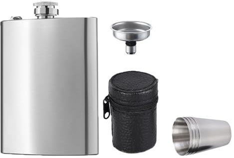Zixrmor 1X304 Flachmann und Trichter, 4 kleine Tassen,8oz.227 ml Geeignet Zum Tragen von Alkohol, Aus Edelstahl Flachmann (Silbrig)