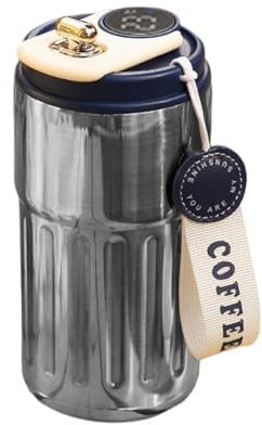 curfair Tasse à café avec Affichage de la température, Tasse Intelligente LED 450 ML Couvercle Anti-Fuite, Doublure intérieure en Acier Inoxydable 316, Isolation Pendant 9 12 Heures Argen