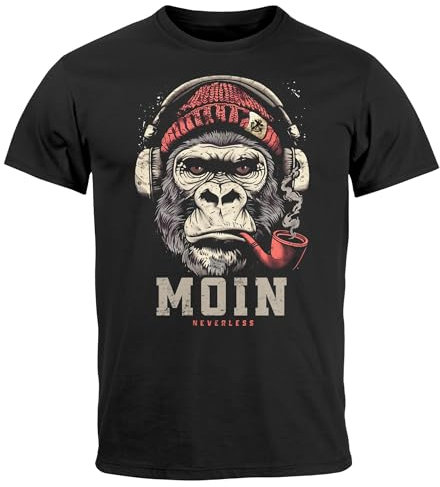 Neverless® Herren T-Shirt Moin Schriftzug Gorilla Musik Aufdruck Brustprint Printshirt Fashion Streetstyle schwarz L