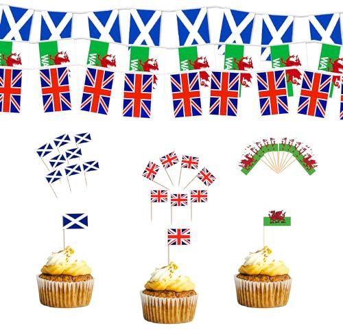 150 Flag Cupcake Toppers & 3 Buntings Set – Union Jack, Scotland Saltire & Welsh Dragon Combo – Great for Summer Parties, Burns Night, and UK Celebrations