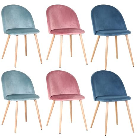 GrandCA HOME Juego de 6 Sillas de Comedor De Terciopelo, Sillas de Cocina con Cojín de Asiento de Terciopelo Suave, Sillas de Comedor Laterales Tapizadas para Sala de Estar,Rosa+Azul+Verde