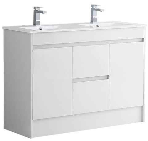 Robanmoa 1200mm Bathroom Vanity Unit with Basin Sink Large Freestanding Bathroom Storage Cabinets Waterproof Ceramic Double Basins 2-Drawer Floorstanding Cabinet Vanity Units