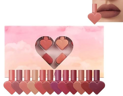12 Color Mini Heart Lipstick for Lip, Mini Heart Lipstick With Jar, Waterproof Mini Heart Lipstick, Sweet Heart Velvet Matte Liquid, Gift for Women and Girls