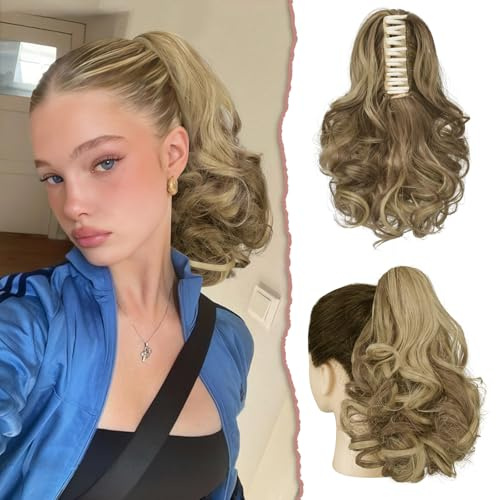 Sofeiyan Ponytail Extension 11 Claw Clip in Ponytail Hair Extensions Curly Wavy Ponytail Fluffy Synthetic Hairpiece for Women Daily Use, Light Blonde Mixed Dark Ash Blonde