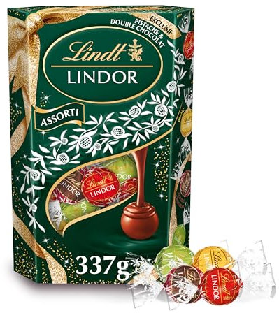 Lindt - Cornet LINDOR Edition Ruban Festif - Assortiment de Chocolats au Lait, Blancs, Double Chocolat et Pistaches - Cœur Fondant - Idéal pour Noël, 337g