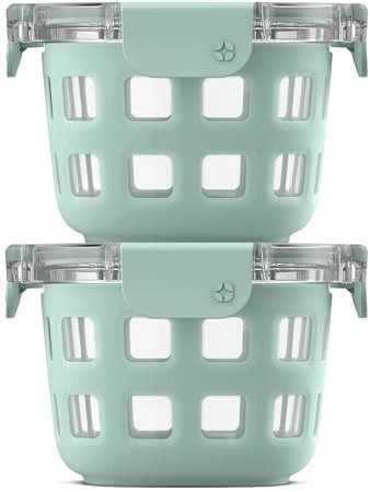Ello Duraglass 2-Pack 2 Cup Reusable Glass Container Jar with Leak Proof Lids and Protective Silicone Sleeves | Perfect for Overnight Oats, Snacks, Yogurt | BPA-Free | Dishwasher Safe | Yucca