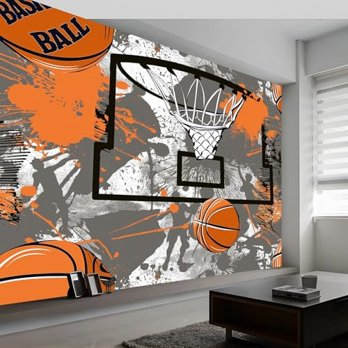 Photo Wallpaper Sports Game Style Basketball Murals, Orange and Gray Wall Mural Photo Wallpaper, 350 x 256 cm (W x H) Wallpaper Mural Wall Art for Living Room Bedroom Children's Room Corridor