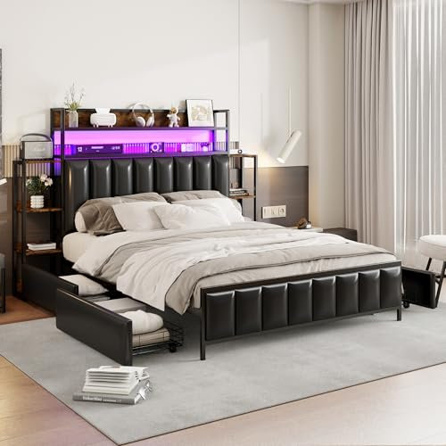 Moimhear Polsterbett 140 * 200 cm, Mit Mehreren Einlegeböden, Mit LED-Beleuchtung, Mit Ablagefächern, Kopfteil mit Stauraum, Bettrahmen aus Massivem Eisen, Doppelbett, Kunstleder-Bettdecke, Schwarz