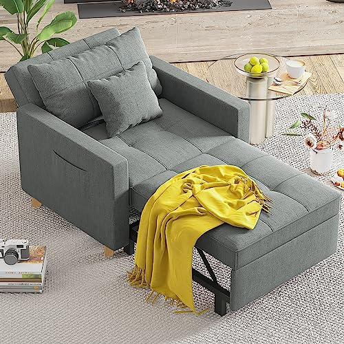 YODOLLA 3-in-1 Sleeper Chair Bed, Convertible Single Sofa for Small Room, Adjustable Armchair With Side Pocket, Dark Grey