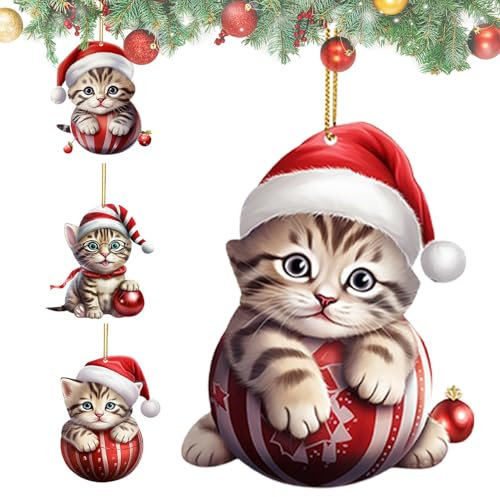 Set di ornamenti per gatti di Natale, ornamenti per albero di Natale di gatti | Set di 4 ornamenti da appendere a forma di gatto per albero di Natale - Set di ciondoli gattino in acrilico 2D per porta