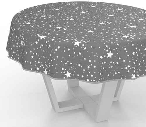 ANRO Wachstuchtischdecke Wachstischdecke Wachstuch Tischdecke abwaschbar Gartentischdecke Wasserabweisend Rund 140cm mit Saum (Eingefasst) Sterne Silber