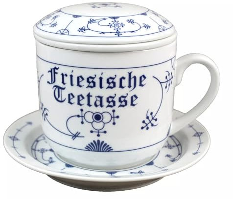 Kräuterteetasse - Friesische Teetasse - Indisch Blau Porzellan Tasse Becher Strohblume 320ml Deckel Teesieb Untertasse