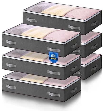 AIOR 6PCS 60L Underbed Storage Bags, Large Capacity Closet Organizer Bags Foldable Container with PVC Window for Clothes, Comforters, Blankets, Bedding