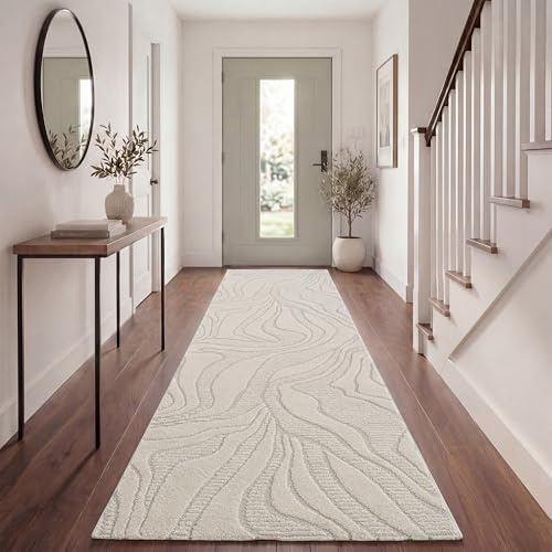 Paco Home Tappeto da soggiorno moderno a pelo corto stile scandinavo Japandi Panglao Monocolore Effetto alto-basso Motivo astratto Effetto 3D Vello morbido Crema, Dimensione:80x250 cm