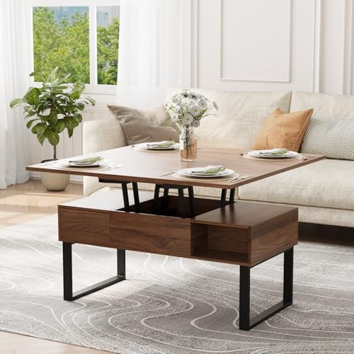 VOWNER Mesa de Centro de Altura Ajustable, Mesa de Salón Multifuncional 3 en 1 con 2 Cajones y Almacenamiento Oculto, se Puede Utilizar como Mesa de Comedor (Color Nogal)