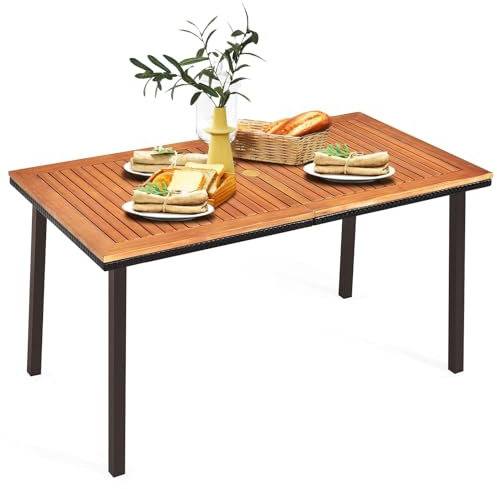 RELAX4LIFE Tavolo da Giardino Rettangolare in Legno di Acacia per 6-8 Persone, Tavolo da Esterno con Foro Ø6 cm per Ombrellone e Gambe in Metallo, Design a Doghe per Cortile o Balcone, 140x75x76cm