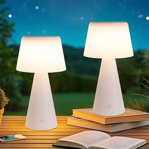 meoaow Tischlampe Solar Akku Nachttischlampe - Kabellos Led Tischleuchte 2er Set 3600mAH Aufladbar Touch Dimmbar Weiß IP44 Batterie Lampe mit USB für Modern Wohnzimmer Schlafzimmer und Outdoor