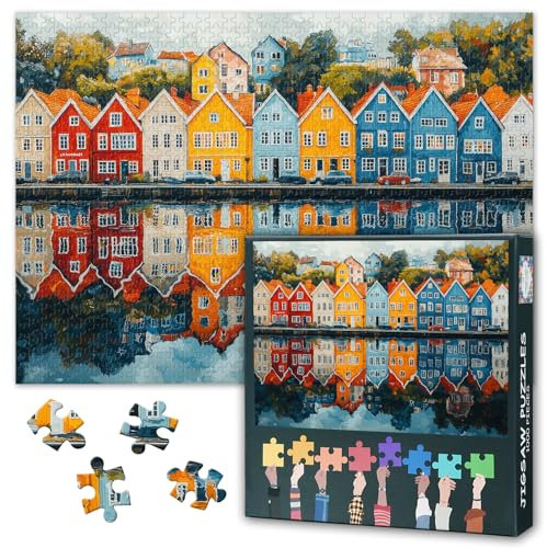 Colorful Norway's Water's Edge 1000 Piece Puzzle for Adults Color House Jigsaw Puzzles Home Wall Decoration Challenging & Vivid Detail Ideal for Puzzle Enthusiasts Finished Size: 70x50cm