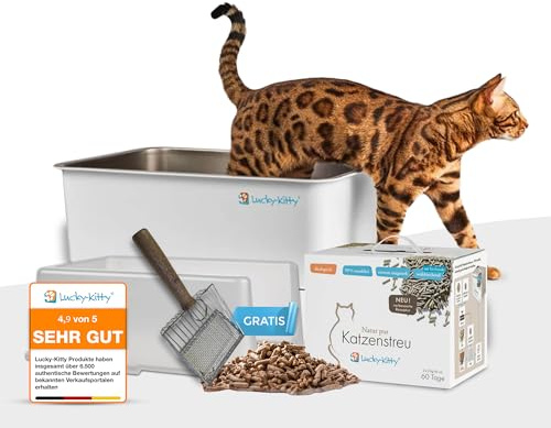 Lucky-Kitty Katzenklo Edelstahl 60x40x40 cm I Katzentoilette mit Deckel, exklusiver Schließmechanismus I Katzenklo XXL, geruchsfrei (Spar-Bundle mit 6kg Streu & Gratis Schaufel)