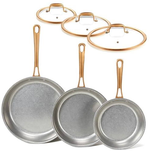KOKHUB Tri-Ply Stainless Steel Frying Pans Set, 20/24/28 cm Retro Skillet Cookware with Lid for Induction Hob, PFOA/PTFE/PFAS Free, Non-Toxic, Oven Safe, All Cooktops Compatible