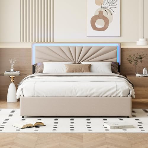 Polsterbett 140x200 cm mit LED-Beleuchtung,Doppelbett mit 4 Schubladen, Höhenverstellbarem Kopfteil und Robustem Holzgestell,Stilvolles Stauraumbett in elegantem Beige für modernes Schlafzimmer