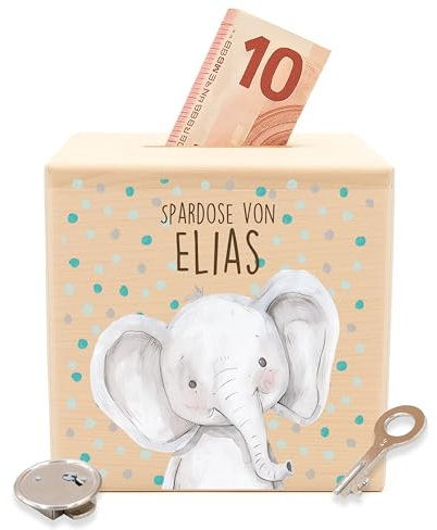 KIDSMOOD - Spardose Kinder mit Schlüssel | Personalisierte Spardose Holz mit schadstofffreiem Druck | Sparschwein Kinder, Sparbox zum Geldsparen als Kinder Geschenke für Mädchen & Jungen [10x10 cm]