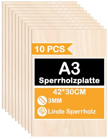 Eikuavons Sperrholzplatte 3mm 420x300mm 10 Stück Linde holzplatte Zuschnitt Nach Bastelhölzer Holz für Modellbau Laserschnit Laser Gravur Holz Brennen Malerei DIY Ölmalerei