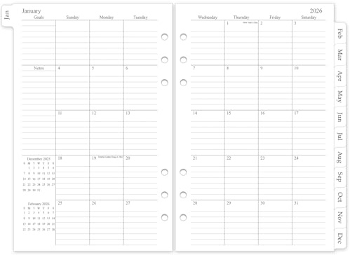 Monatsplaner Nachfüllpackung 2026, A5 Medium Planer Einlagen für 6 Löcher, 14 x 21,6 cm, Januar 2026 - Dez. 2026, 12 Monatskalender mit laminierten Reitern, 6-fach gelocht