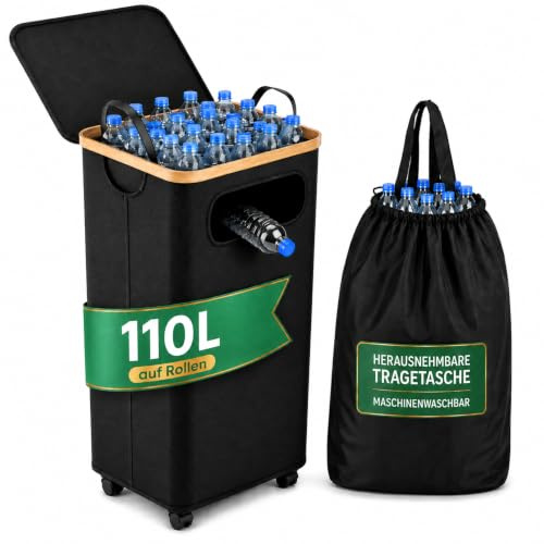 Inivitas Pfandflaschen Sammelbehälter 110L mit seitlichem Einwurf & Rollen | Pfandsammler Pfandbehälter Pfandbox, Leergut Sammelbehälter für PET Flaschen & Dosen, Küche Abstellraum Keller, Rollbar