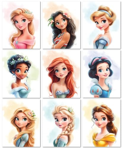 Nistio Prinzessinnen-Wandkunst für Mädchenzimmer, ungerahmt, 20,3 x 25,4 cm, Arielle, Belle, Aschenputtel, Elsa, Rapunzel, Mulan, Tiana, Moana, Schneewittchen, Aurora, 10 Stück