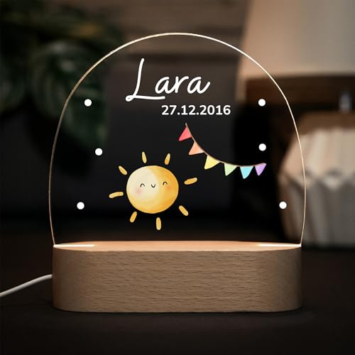 LARIFEE Nachtlicht Sonne Mädchen mit Name – Personalisiertes LED Nachtlicht für Kinder – Lampe aus Acrylglas & Holz, dimmbar – Geschenk zur Geburt oder Taufe