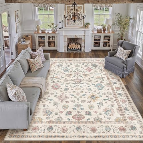 PureCozy Teppich Wohnzimmer 200x300cm Waschbarer Teppiche,Multicolore | Blumenmuster,Waschbar, Rutschfest, Kurzflor, Weich, Schlafzimmer, Esszimmer, Büro, Flur, Kinderzimmer