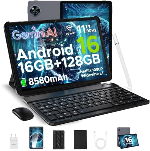 DOOGEE U11 Tablette Android 16, 11 Pouces Tablette avec Clavier, 16GB RAM+128GB ROM(2TB TF), T7200Octa-Core Tablette Tactile 90Hz, 8580mAh, Gemini AI,Tablette Tactile 5G WiFi/Face ID