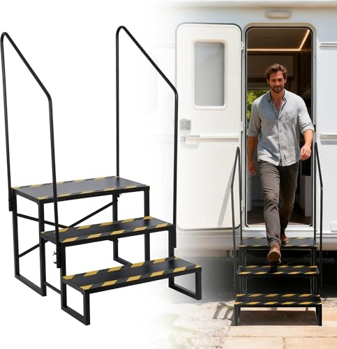 petour 3 Step Caravan Steps with Handle, Heavy Duty RV Stairs with Handrail