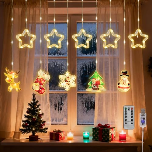 Woukksy LED Lichterkette Vorhang 3M, Weihnachtsbeleuchtung mit Timer und 8 Modi, USB/Batteriebetrieb für Innen & Außen, Warmweiß - Deko für Fenster, Balkon, Party, Weihnachten