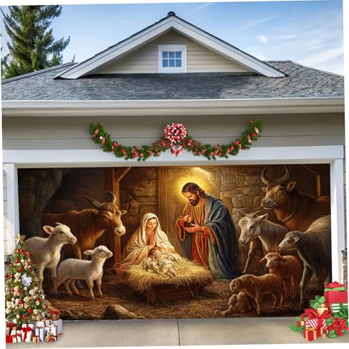 Hbbgdiy Christmas Garage Door Cover 16x7FT Nativity Scene Holiday Garage Door Decoration Religious Christian Backdrop Outdoor Indoor Yard Wall Window Christmas Decor