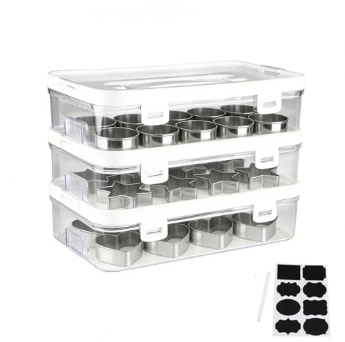 Keksausstecher Aufbewahrungsbox 3er Set, Stapelclips, Griff, je 5.5 cm hoch | Plätzchenformen Box aus Kunststoff, jede Box mit eigenem Deckel einzeln nutzbar, inklusive Etiketten und Stift für Küche