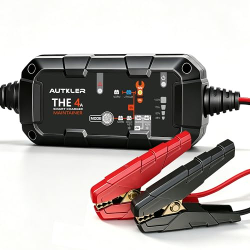 AUTKLER Caricabatterie 6 V 12 V 2 A 4 A completamente automatico intelligente per moto, auto, tosaerba e batteria al litio LiFePO, tutte le batterie al piombo acido, temperature