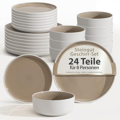 Hausfelder Steingut Geschirrset 8 Personen, 24-teilig, Shadow Stone | Schüsseln und Teller, Tafelservice für 8 Personen, Steingut, Farbe Shadow Stone