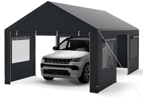 COSTWAY Zeltgarage Carport, 600 x 363 cm Garagenzelt Winterfest, Lagerzelt mit abnehmbaren Seitenwänden, Rolltüren & belüfteten Fenstern, Weidezelt Unterstand für Auto, SUV, LKW, PKW (Grau)