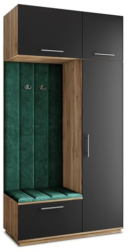 Masseno Flugarderoben Set Rema, Kleiderschrank-Set mit Sitzbank, Garderobenschrank Flur mit 5 Regalböden, Eiche Wotan/Schwarz
