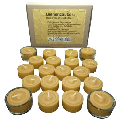 Beeswax tea lights Pack of 20 pic. and 4 glass bowls made by hand directly by the beekeeper