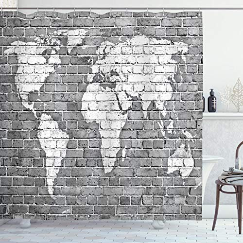 ABAKUHAUS Fernweh Duschvorhang, Weltkarte auf Old Brick, Stoffliches Gewebe Badezimmerdekorationsset mit Haken, 175 x 220 cm, Weiß Pale Grau