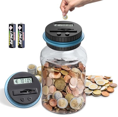 SUNJULY Digitale Spardose mit Zähler, 1.8L Spardose Groß, Elektronisch Sparschwein mit LCD Display Euro Geld Sparen, Transparente Münzzähler Automatisch, Geschenk für Kinder und Erwachsene (Blau)