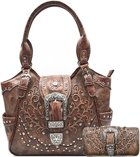 Western Style Tooled Leder Blumen Frauen Bling Strass Nieten Geldbörse Schnalle Handtasche Country Schultertasche Geldbörse Set Braun, Braun, Large