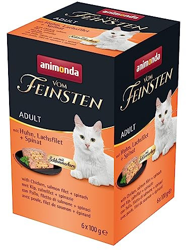 vom Feinsten mit Schlemmerkern in Huhn & Lachsfilet + Spinat (6 x 100g), Katzenfutter nass ohne Getreide und Zucker von animonda, mitfrischen, fleischlichen Zutaten