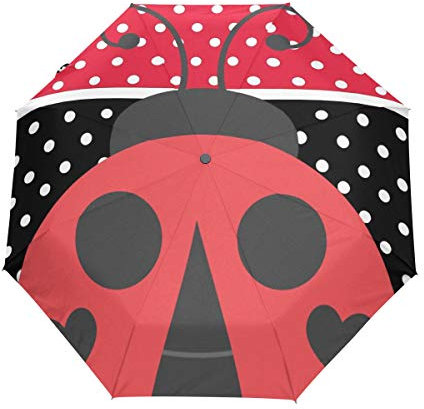 MONTOJ Regenschirm, Marienkäfer, 3-Fach faltbar, UV-Schutz mit automatischem Öffnungsknopf, Rot und Schwarz gestreift
