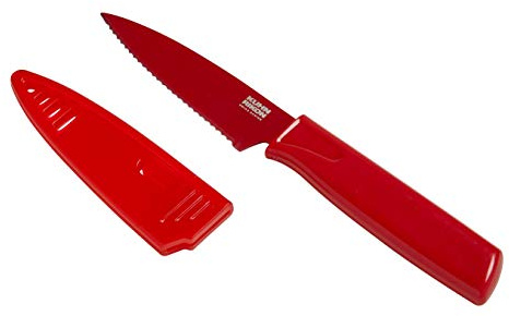Kuhn Rikon COLORI Non-Stick Serrated Paring Knife with Safety Sheath, 4 inch/10.16 cm Blade, Red