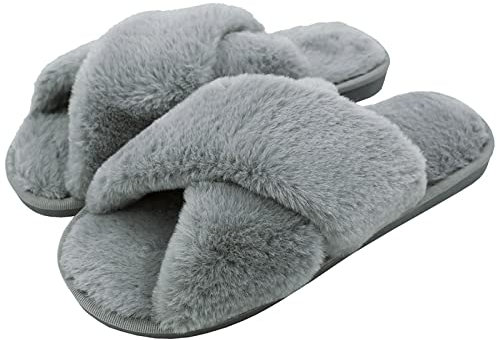 AONEGOLD Ciabatte da Casa Donna Invernali Warmer Peluche Pantofole Croce Morbido Open Toe Pantofole di Pelliccia Antiscivolo Scarpe(Grigio,Taglia 38-39)